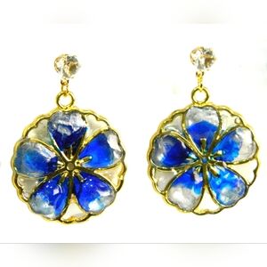 Blue and Silver Resin Flower Dangle Post Earrings